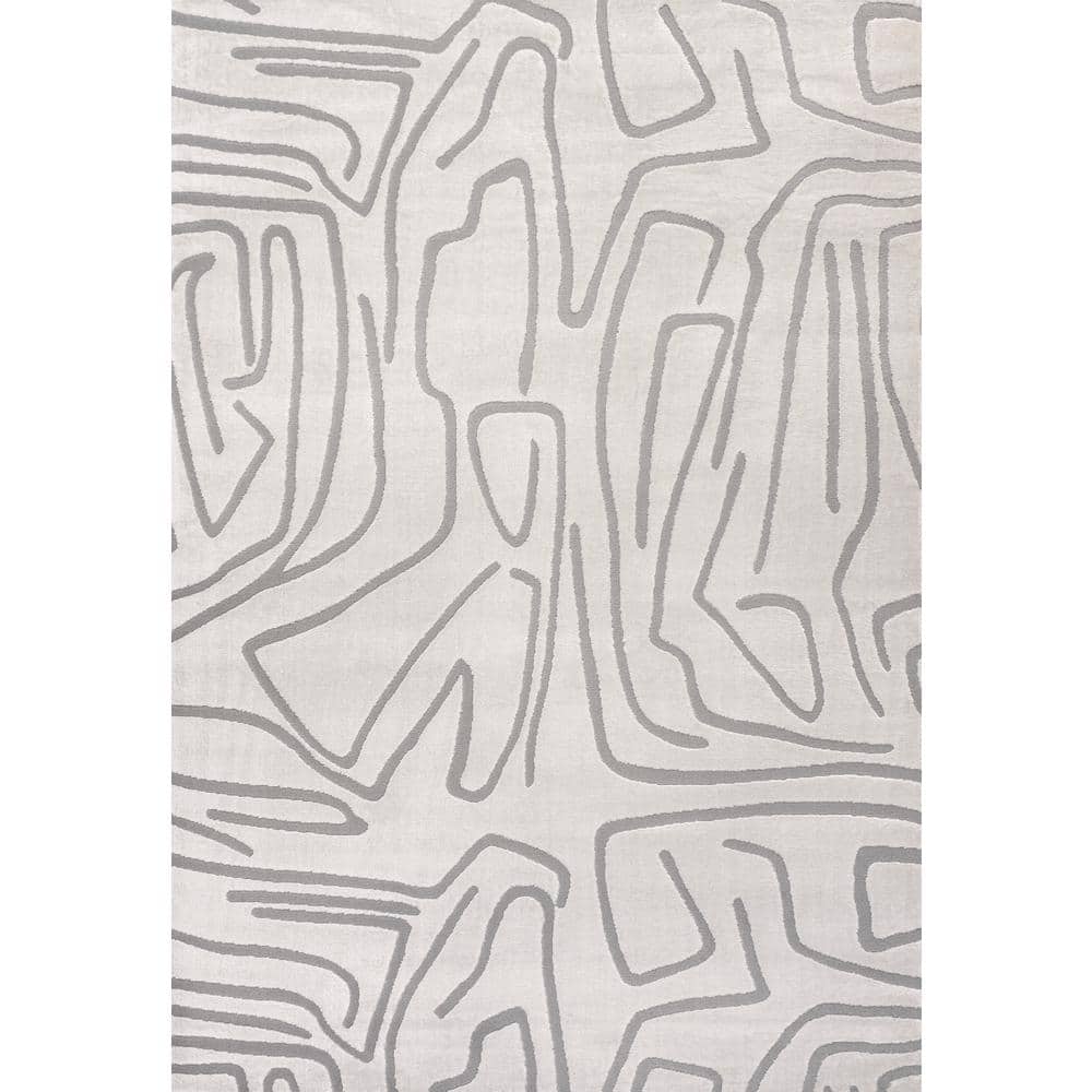 White and Light Gray Abstract High-Low 8' x 10' Area Rug