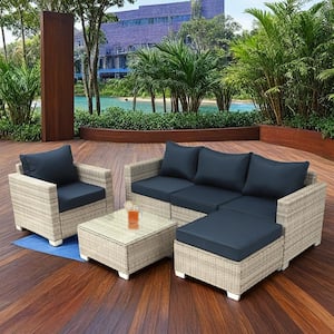 6-Piece Wicker Outdoor Patio Conversation Seating Set with Dark Blue Cushions