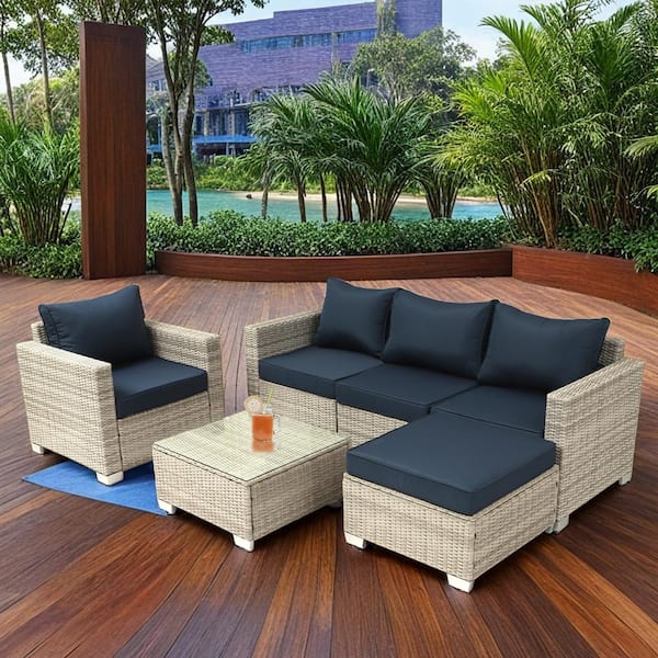 fiziti 6-Piece Wicker Outdoor Patio Conversation Seating Set with Dark Blue Cushions