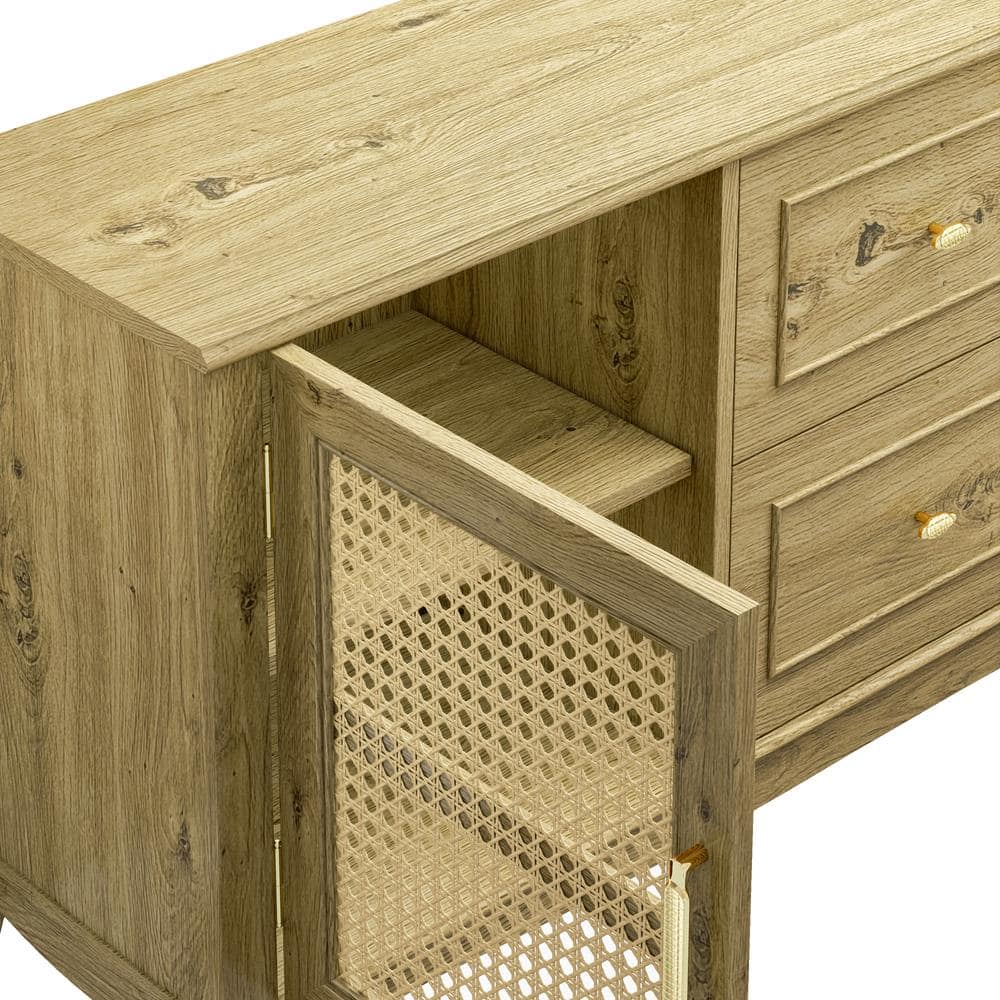 60" Beige Wood TV Stand with Cabinets and Drawers