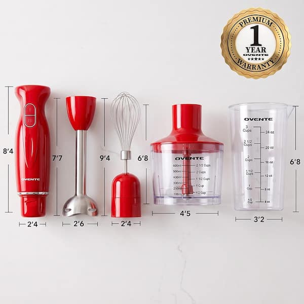OVENTE Ultra-Stick 2-Speed Red Hand Immersion Blender Set with