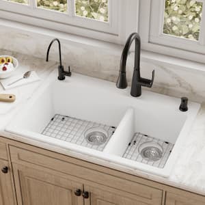 QT-711 Quartz/Granite 33 in. Double Bowl 60/40 Top Mount Drop-In Kitchen Sink in White with Bottom Grid and Strainer