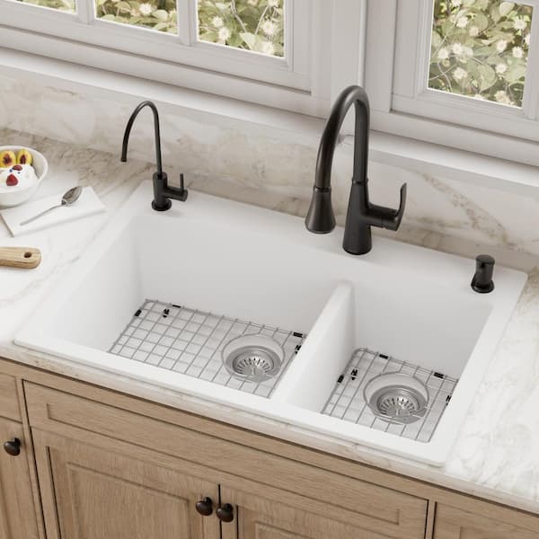 QT-711 Quartz/Granite 33 in. Double Bowl 60/40 Top Mount Drop-In Kitchen Sink in White with Bottom Grid and Strainer