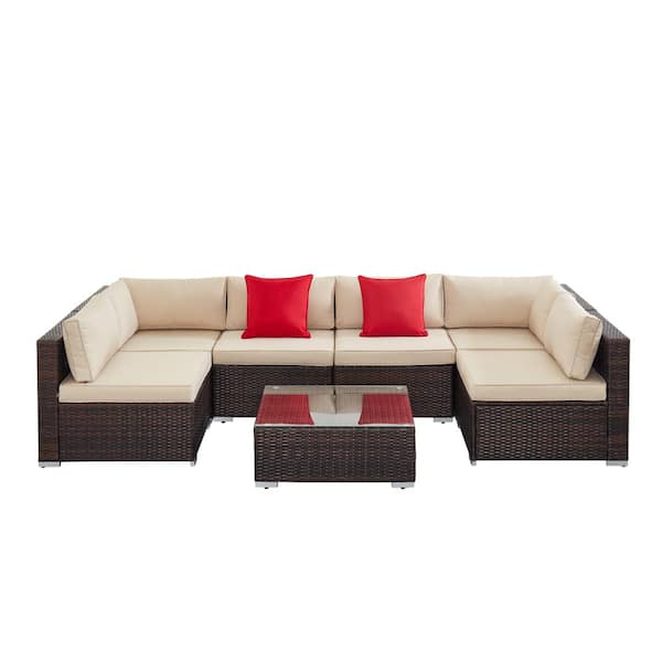 EDYO LIVING 7-Piece Steel Wicker Outdoor Patio Conversation Set with Cover and Beige Cushions