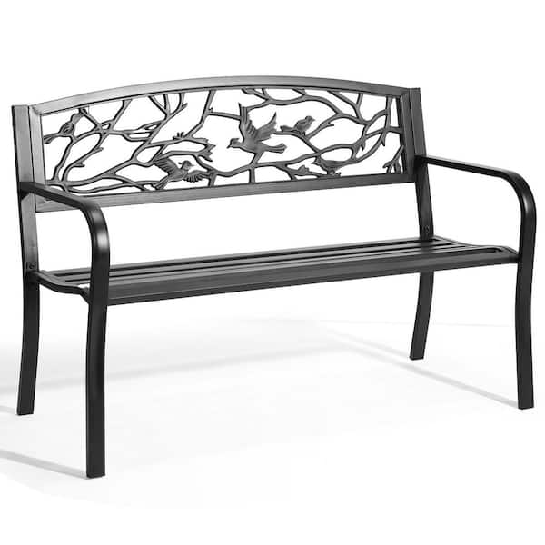 50-Inch Black Metal Outdoor Bench with Magpie Backrest