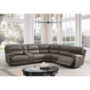 Kantu 107 in. Pillow Top Arm 1 Piece Leather L-Shaped Sectional Sofa in. Brown with Cup Holder