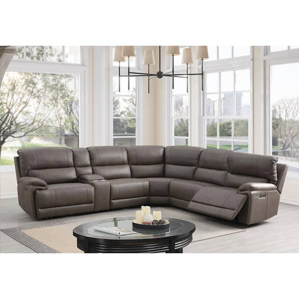 Kantu 107 in. Pillow Top Arm 1 Piece Leather L-Shaped Sectional Sofa in. Brown with Cup Holder