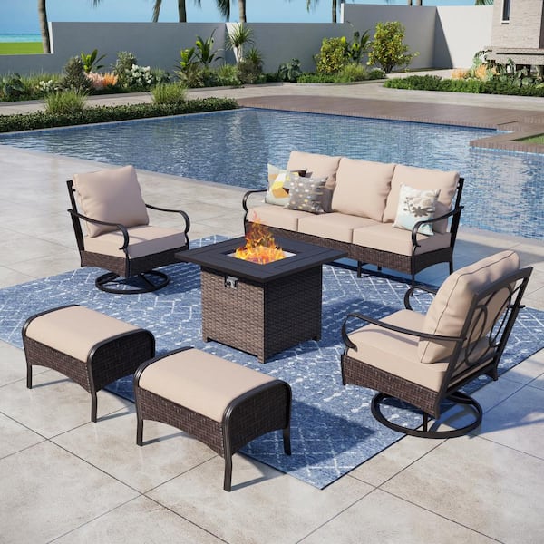 PHI VILLA Dark Brown Rattan 6-Piece Steel Outdoor Patio Conversation Set with Beige Cushions & Black Square Wicker Fire Pit Table