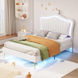 White Wood Frame Twin Size PU Leather Upholstered Platform Bed with Princess Crown Headboard, LED Lights, Metal Legs