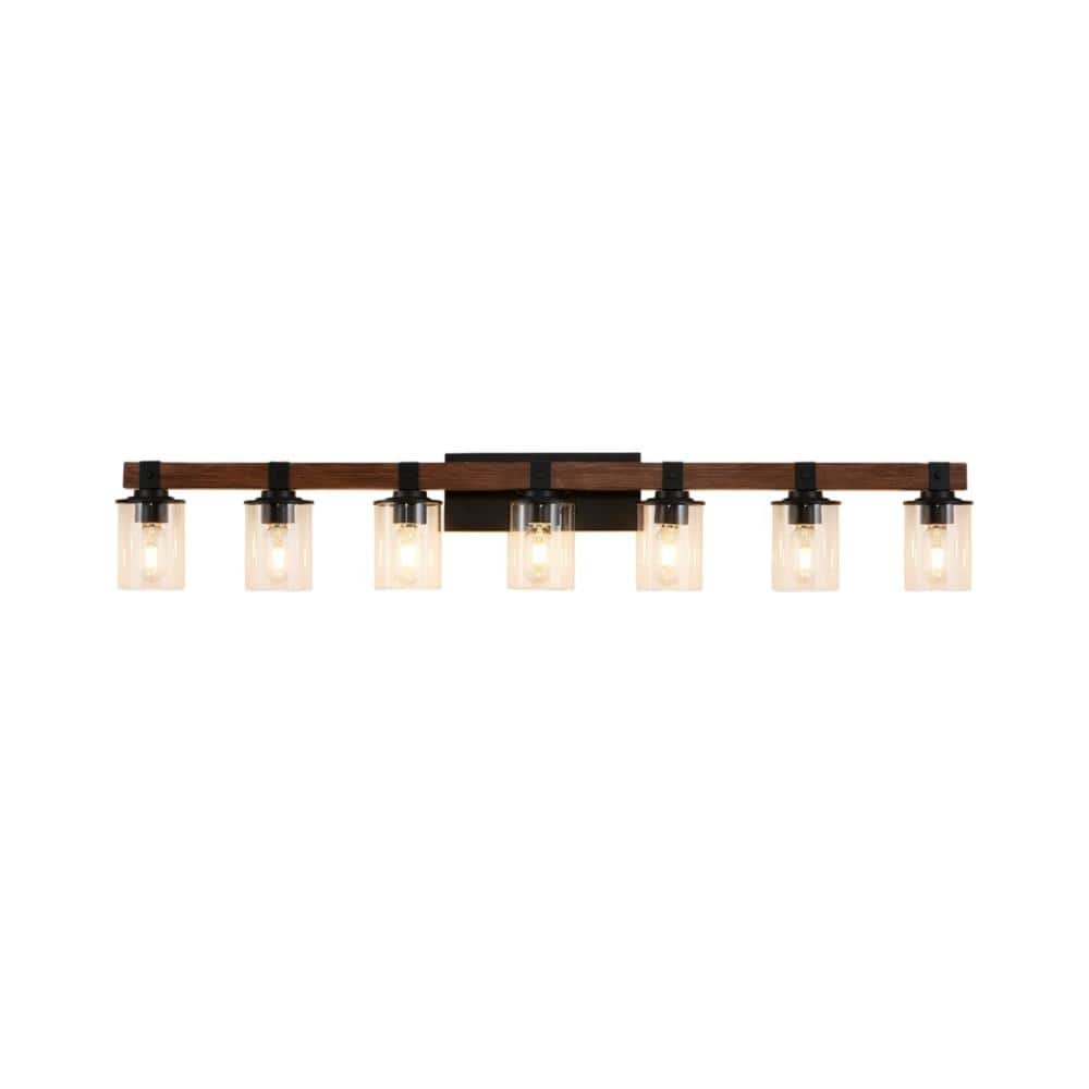 50 in. 7-Lights Walnut Vanity Lights, Wall Sconces with Glass Shades and Wood Accent,Bathroom Fixture,Bulbs Not Included price history on PriceWatchPro
