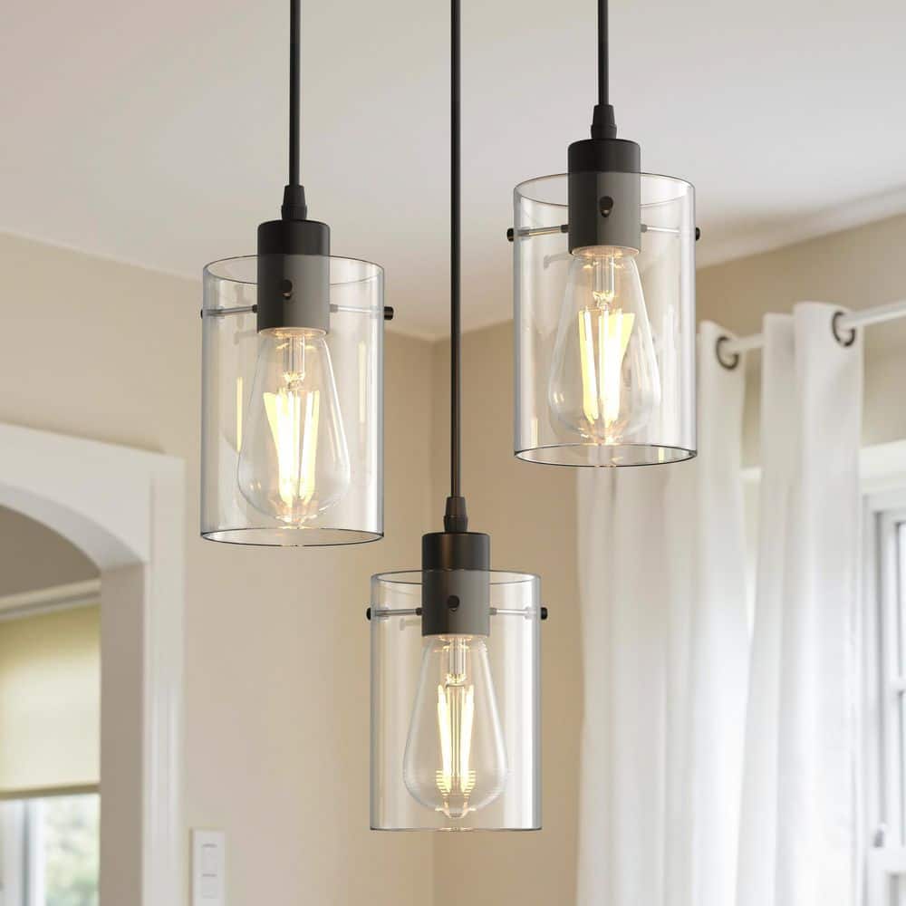 3-Light Black Modern Pendant Light with Clear Glass Shades, E26 Socket Chandelier for Kitchen Island, Dining Room price history on PriceWatchPro
