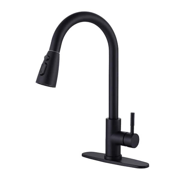 WOWOW Single-Handle Pull-Down Sprayer Kitchen Faucet with Stream and PowerSpray Mode in Matte Black