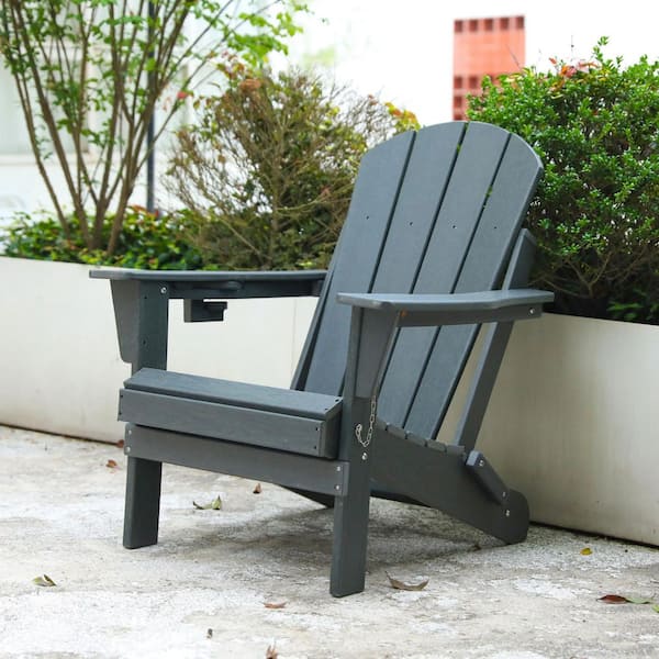 Gray Folding Composite Outdoor Patio Adirondack Chair with Cup Holder for Garden/Backyard/Fire pit/Pool/Beach