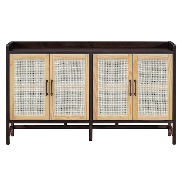 Vintage 60 in. W x 16 in. D x 35.8 in. H Brown Linen Cabinet Rustic Sideboard with Decorative Rattan Doors and Shelves
