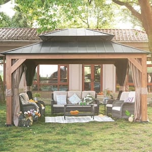 15 ft. x 13 ft. Wood Grain Aluminum Double Galvanized Steel Roof Gazebo with Ceiling Hook, Mosquito Netting and Curtains