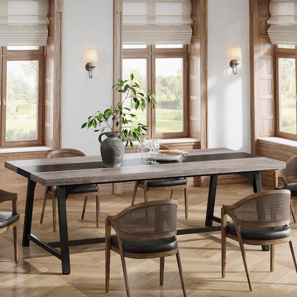 BYBLIGHT Roesler Industrial Grey Wood 70.87 in. 4-Legs Dining Table Seats 8