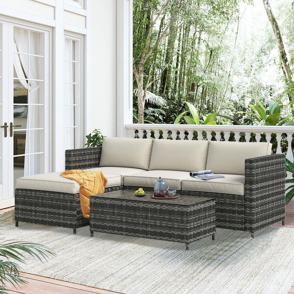 SUNVIVI  Brushed Mixed Gray 5-Piece Wicker Outdoor Sectional Rattan Sofa Sets, Couch Conversation Set & Table with Grey Cushions - 1