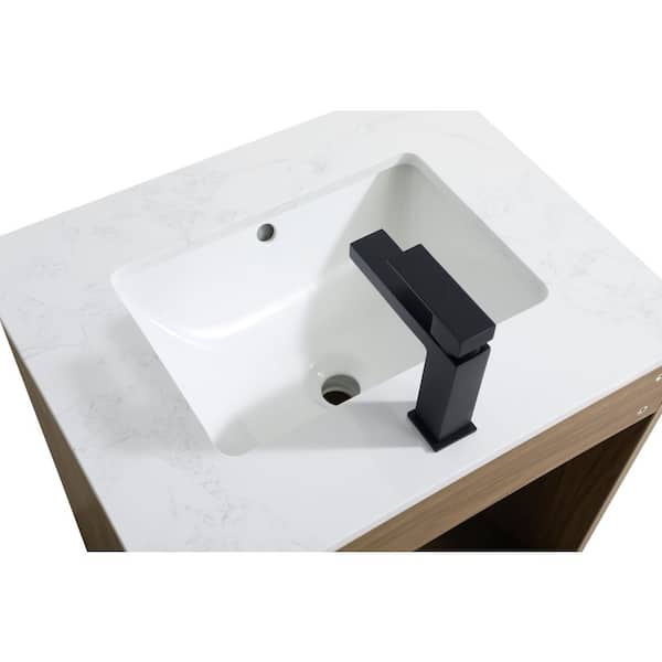 24 in. Single Sink Walnut Brown Bath Vanity with White Engineered Marble Top