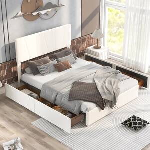 Beige Upholstery Wood Frame Queen Size Platform Bed with 4 Drawers and Adjustable Headboard