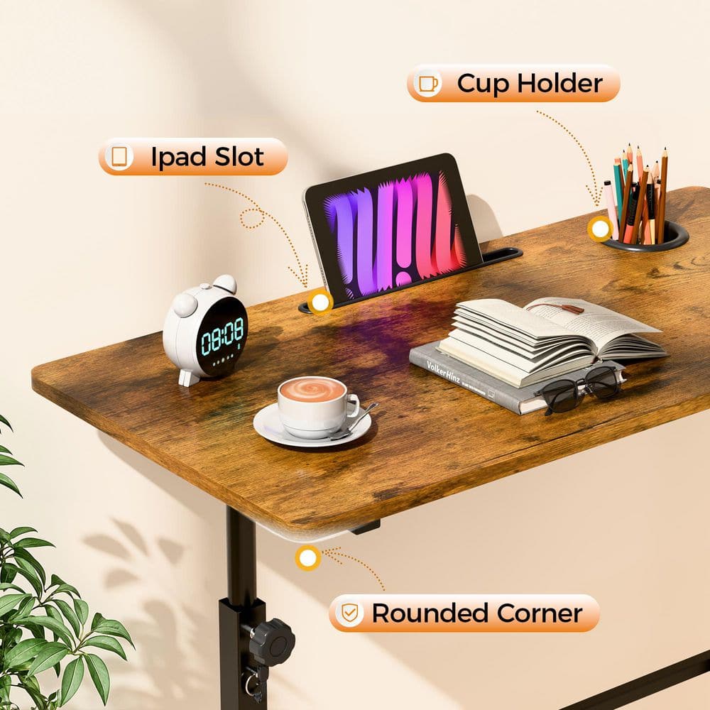 Standing desk with tech accessories and features shown.