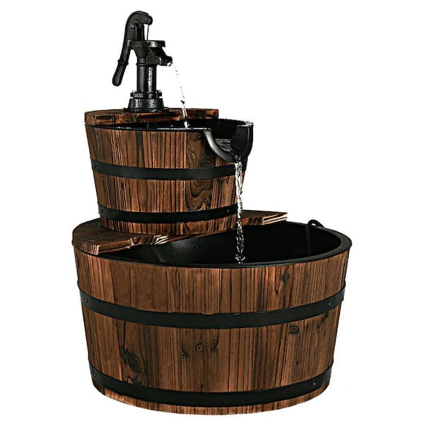 Costway 2 Tier Barrel Waterfall Fountain Barrel Wooden Water Fountain Pump Outdoor Garden