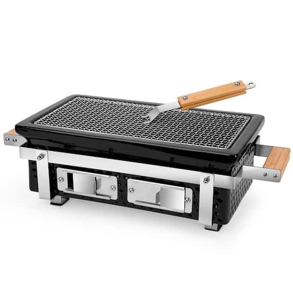 Portable Charcoal Hibachi Grill in Black with Grid Lifter & Stainless Steel Grill Rack
