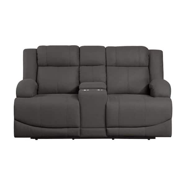 EVERGLADE HOME Darcel 70.5 in. W Flared Arm Microfiber Straight Power Double Reclining Loveseat with Center Console in Chocolate Black