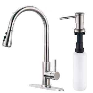 Single Handle Pull Down Sprayer Kitchen Faucet with Soap Dispenser in Brushed Nickel