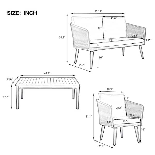 Gray Rope 4-Piece Metal Outdoor Sectional Set, Patio