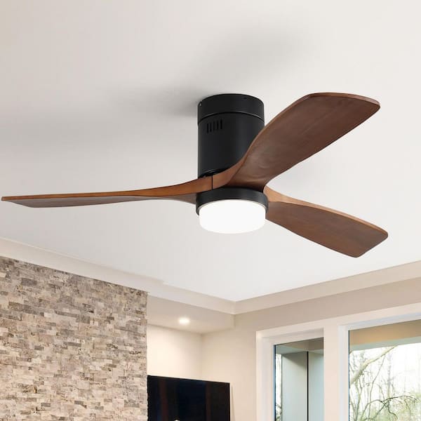 Sofucor 52 in.Indoor/Outdoor Flush Mount Black LED Ceiling Fan with 3-Reversible Wood Blades, 6-Speed DC Remote Control