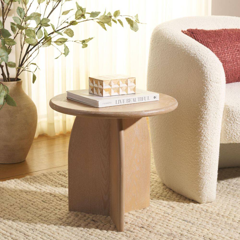 Barazi 20 in. Bleached White Round Wood End Table
