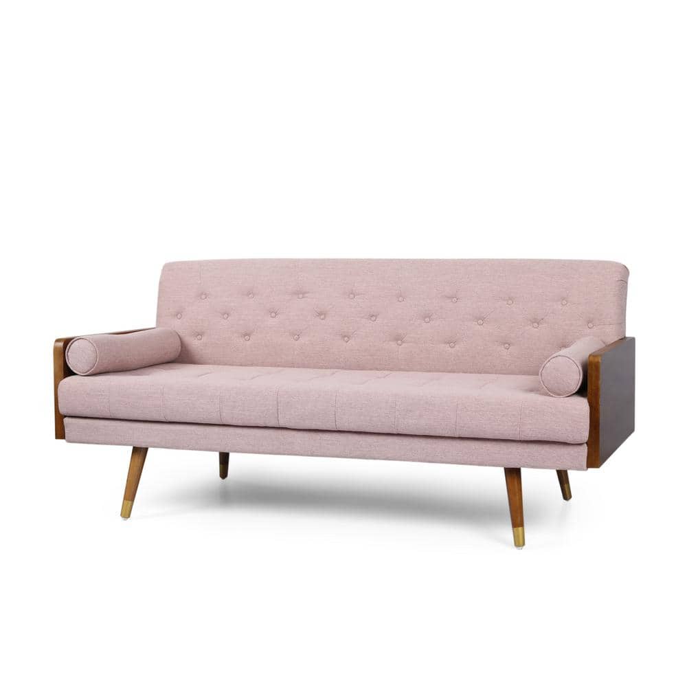Light Blush Tufted Fabric Sofa with Walnut Wood Frame