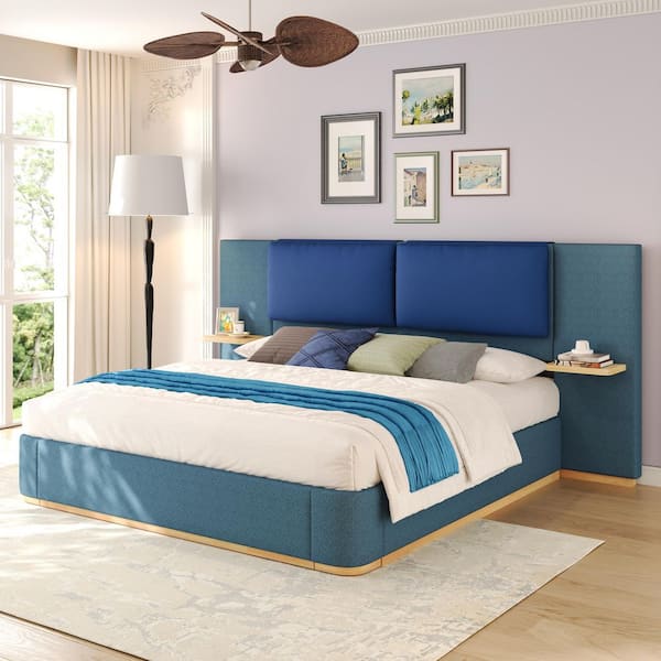 CHRISTOPHER KNIGHT HOME Malinta Modern Blue Linen Fabric Upholstered Wood Frame King Size Platform Bed with Floating Panel Shelves