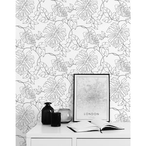 30.75 sq. ft. Black and White Tropical Linework Vinyl Peel and Stick Wallpaper Roll
