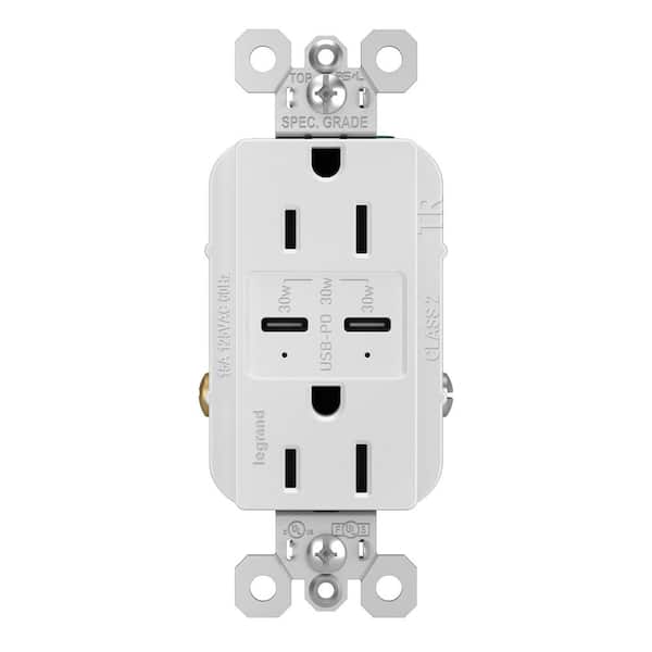 Legrand radiant 15 Amp 125-Volt Tamper-Resistant Duplex Outlet with Ultra-Fast 6A PLUS 30W Power Delivery USB C/C, White