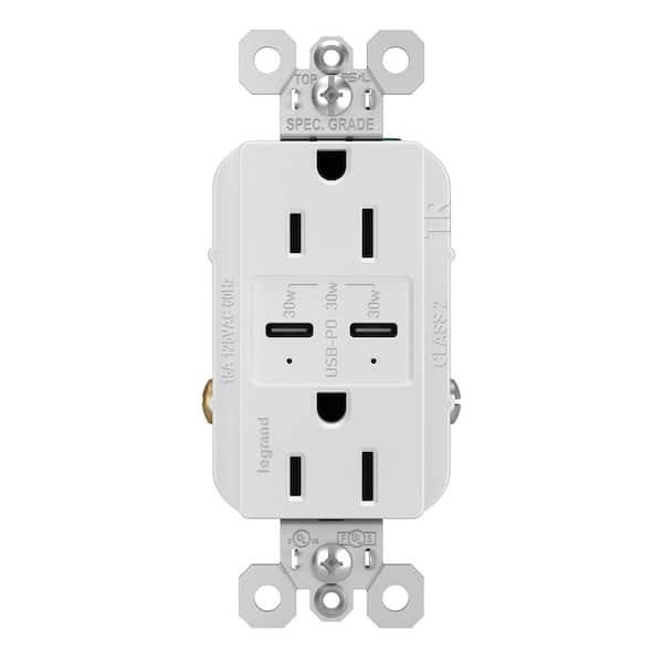 radiant 15 Amp 125-Volt Tamper-Resistant Duplex Outlet with Ultra-Fast 6A PLUS 30W Power Delivery USB C/C, White