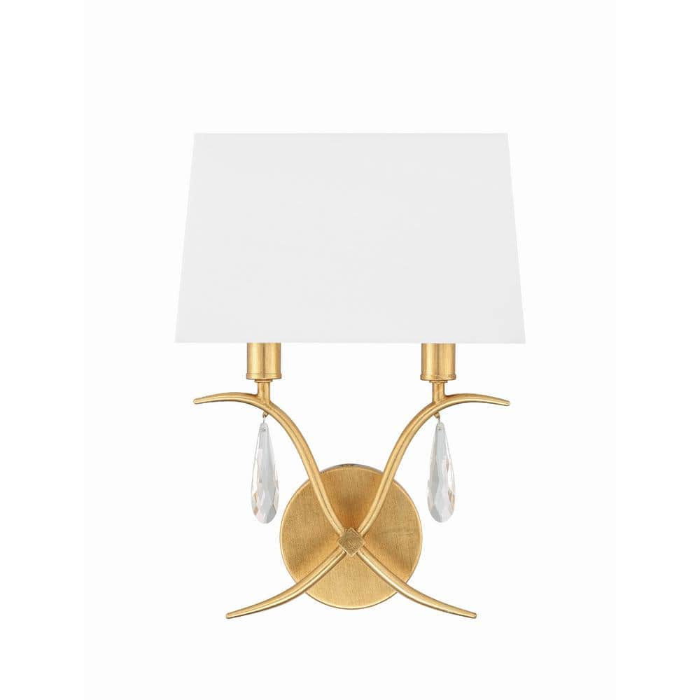 Antique Gold 2-Light Sconce with White Silk Shade