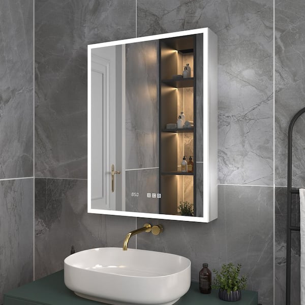 24 in. W x 32 in. H Silver Aluminum Recessed or Surface Mount Left Medicine Cabinet with Mirror LED and Clock