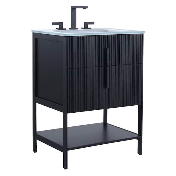 FINE FIXTURES 24 in. W x 18 in. D x 33.5 in. H Bath Vanity in Black Matte with Glass Vanity Top in White With Black Hardware