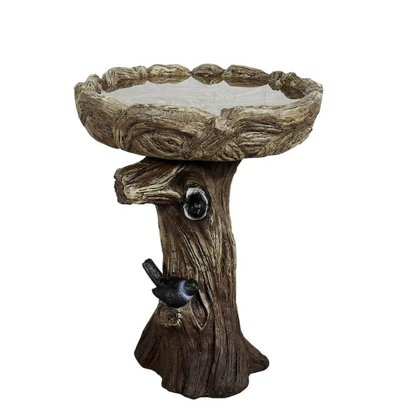 Watnature 23in. Tall Fibre Reinforced Concrete Birdbaths with Birds for Patio, Woodland Tree Trunk Decorative Bird Bath for Garden
