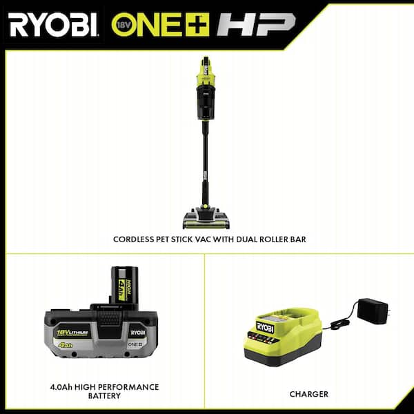 RYOBI PBLSV717K ONE+ HP 18V Brushless Cordless Pet Stick Vac with Kit with Dual-Roller, 4.0 Ah HIGH PERFORMANCE Battery, and Charger - 2