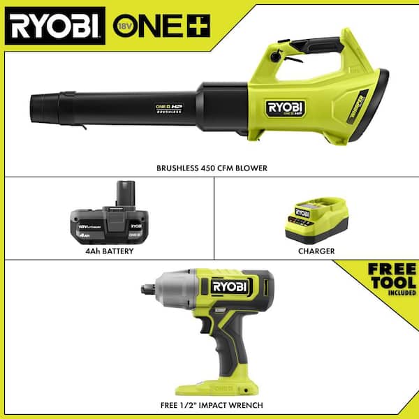 ONE+ HP 18V Brushless 450 CFM Cordless Leaf Blower with 4.0 Ah Battery, Charger, & FREE ONE+ 18V 1/2 in. Impact Wrench