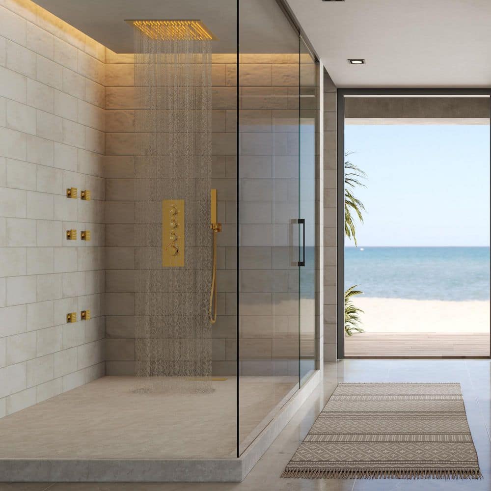 RBG with Thermostatic Valve, 6-Jets 7-Spray Ceiling Mount 20 in. Fixed and Handheld Shower Head 2.5 GPM in Brushed Gold price history on PriceWatchPro