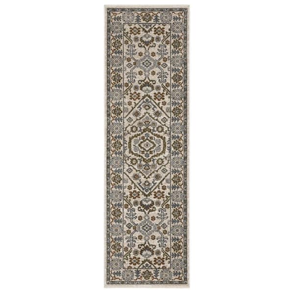 Hunter Ivory/Green 2 ft. x 8 ft. Layered Floral Medallion Polyester Fringe-Edge Indoor Runner Area Rug