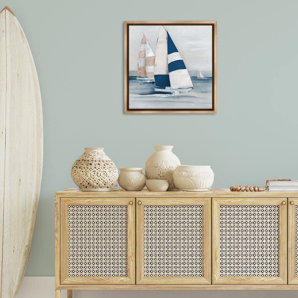 Striped Sailboat Voyage by Sally Swatland Brown Floater Frame Travel Graphic Art Print 25 in. x 25 in. price history on PriceWatchPro