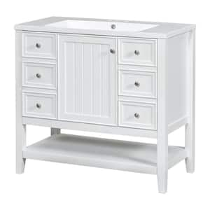 36 in. W x 18 in. D x 34 in. H Single Sink Solid Wood Frame Bath Vanity in White with White Ceramic Top Adjustable Shelf