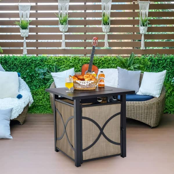 Black and Coffee 25 Inch Metal Outdoor 40000 BTU Propane Fire Pit Table with Lid and Fire Glass