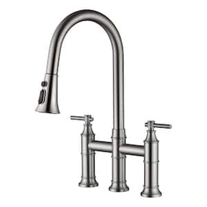 Traditional Double Handle Bridge Kitchen Faucet with Pull out Spray Wand in Brushed Nickel