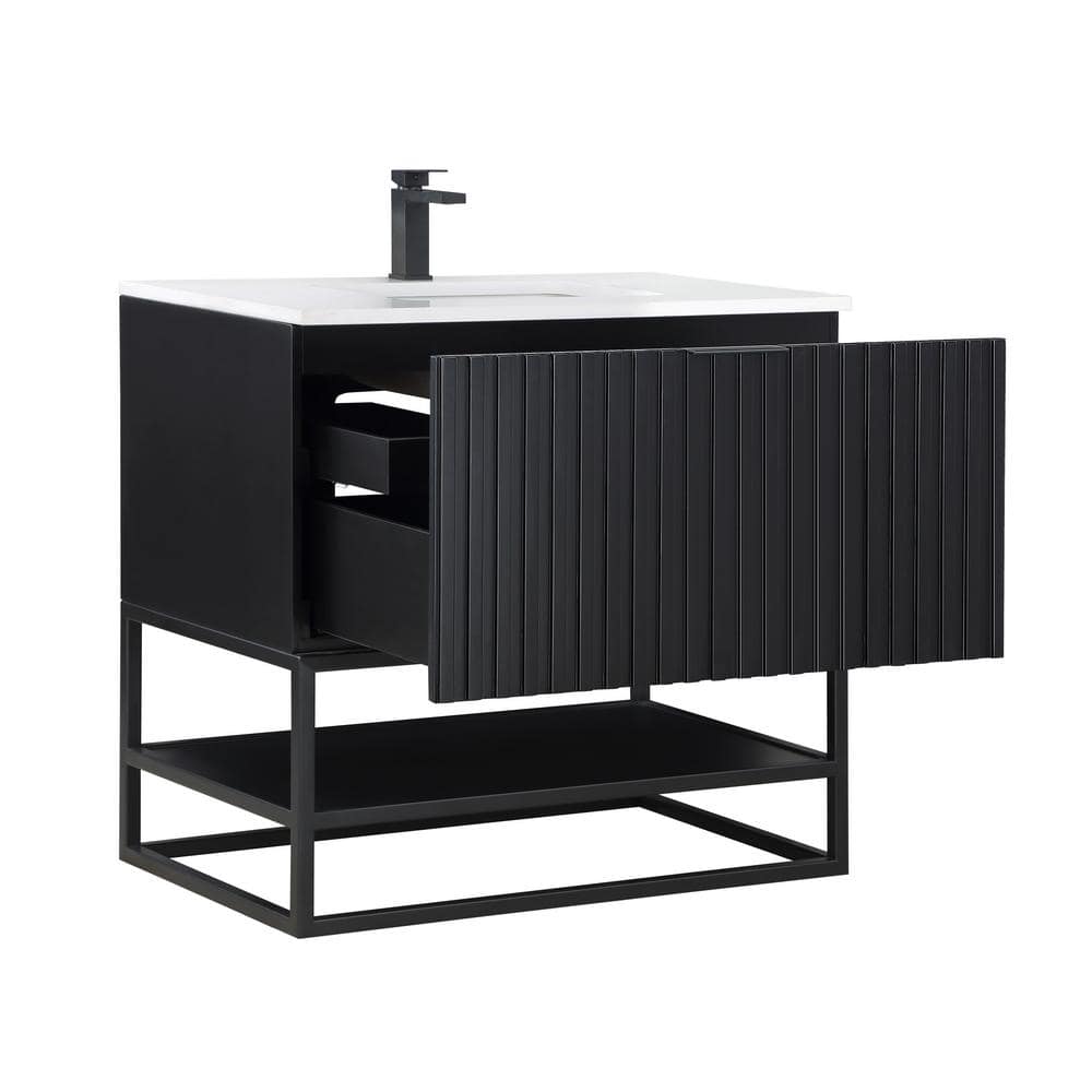 Terra 36'' Matte Black Acacia Single Bathroom Vanity with White Quartz Top