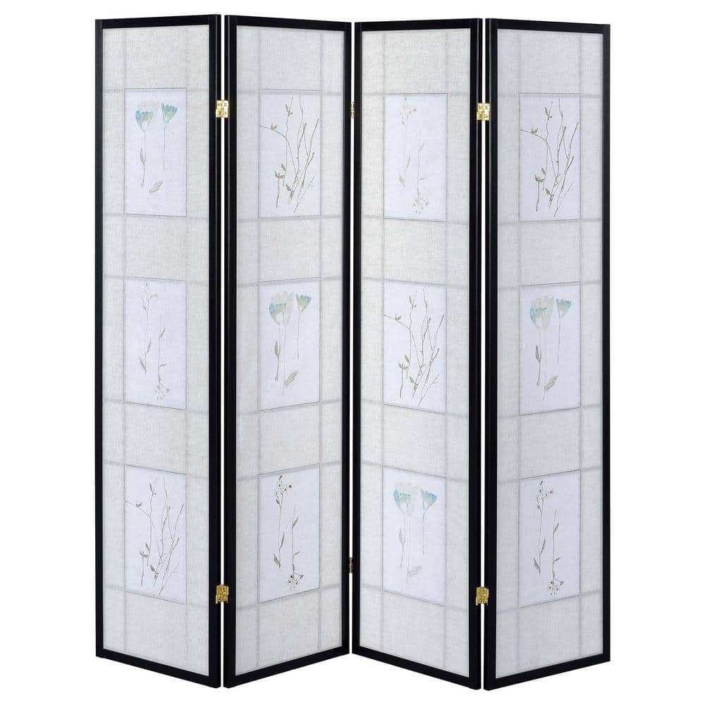 Beige and Black Floral Print 4-Panel Folding Screen